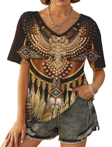 Damen Native Indian T-Shirt Harajuku Vintage Feder Eule Bedruckt Kurzarm Sommer Streetwear T-Shirt Tops Damen Native Indian T-Shirt Harajuku Vintage Feder Eule Bedruckt Kurzarm Sommer Streetwear T-Shirt Tops von keephen