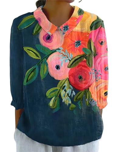 Damen Streifen Blumen Katze Blumen 3D-Druck Retro Revers Langarm Hemd Rücken Knopfverschluss Herbst Damen Casual Pullover Bluse Tops von keephen