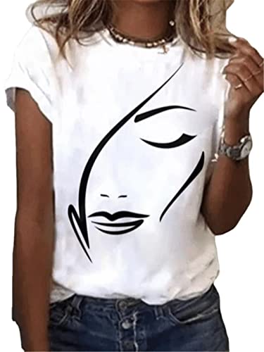 Damen T-Shirt mit menschlichem Gesicht Kurzarm modisch lässig Sommer Rundhalsausschnitt Bedruckt lose T-Shirts von keephen