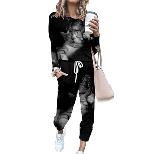 Damen Trainingsanzug 2-teiliges Set Niedliche Katze 3D All Over bedrucktes Sweatshirt und Jogginghose Set Hip Hop Casual Sportswear Set von keephen