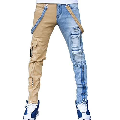 Farbblock Jeans für Herren, Patchwork Hose mit gerader Taille, Hip Hop Denim Hose von keephen