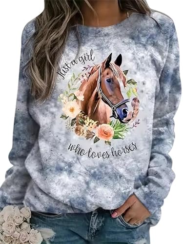 Frauen Sweatshirt 3D Pferd Druck Pullover Tiermuster Langärmel Pullover Crew Hals T-Shirt Casual Loose Tops von keephen