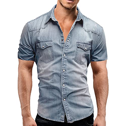 Herren Jeanshemd Kurzarm Sommer Basic Hemd Slim Fit Stretch Tasche Lässige Atmungsaktive Freizeithemden von keephen