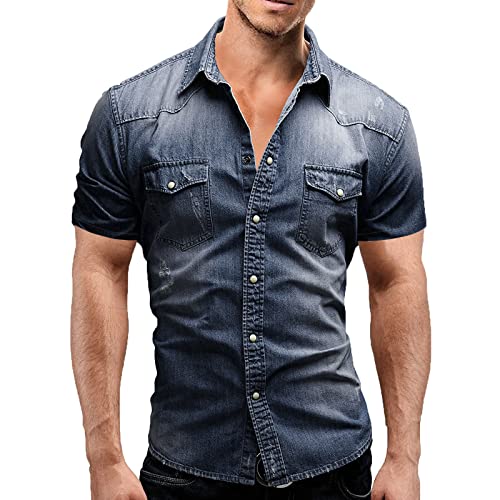 Herren Jeanshemd Kurzarm Sommer Basic Hemd Slim Fit Stretch Tasche Lässige Atmungsaktive Freizeithemden von keephen