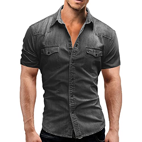 Herren Jeanshemd Kurzarm Sommer Basic Hemd Slim Fit Stretch Tasche Lässige Atmungsaktive Freizeithemden von keephen