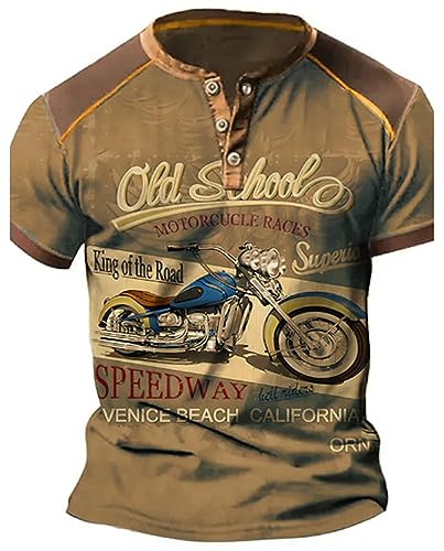 Herren Motoröl 3D-Druck T-Shirts Vintage Distressed Henley T-Shirt Stehkragen Kurzarm-Tops Motorrad-Rennhemden von keephen
