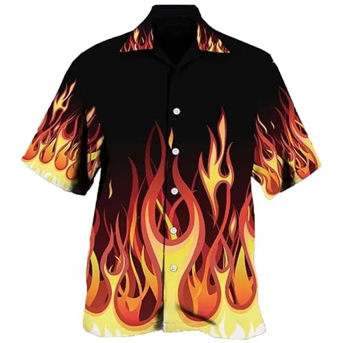 Herren Sommerhemd Retro 3D Feuer Flamme gedruckt Bluse Revers Button Down Kurzarm-T-Shirts Urlaub Party Strand Hemden von keephen