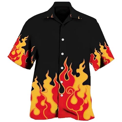 Herren Sommerhemd Retro 3D Feuer Flamme gedruckt Bluse Revers Button Down Kurzarm-T-Shirts Urlaub Party Strand Hemden von keephen