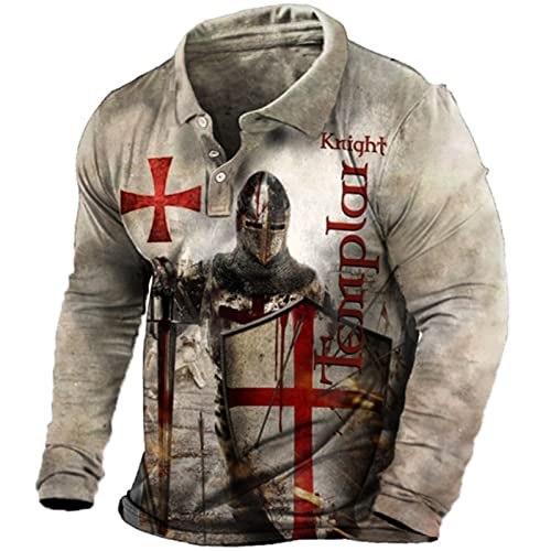 Herren Tempelritter Polo T-Shirt Retro-Print Langarm V-Ausschnitt Crusader T-Shirt Biker Motorrad Tops von keephen