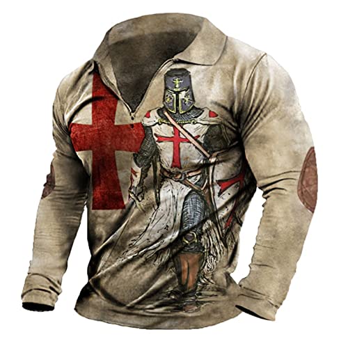 Herren Templer Langarm T-Shirt 3D gedruckt Kreuz Revers Reißverschluss Langarm Top von keephen