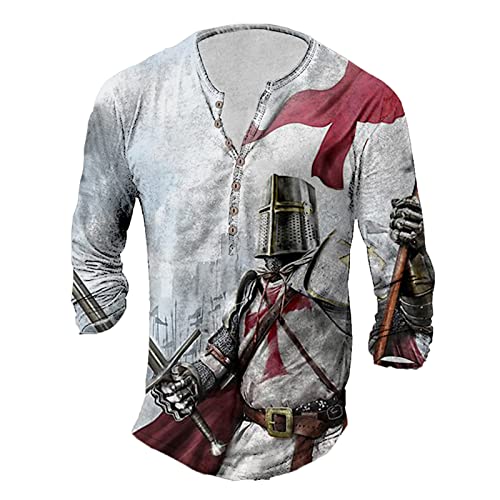 Herren Vintage Distressed Henley Shirt 3D Templer Print Langarm T-Shirts Outdoor Sports T-Shirt von keephen