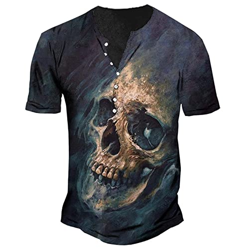 Herren Vintage Distressed Outdoor Sports T-Shirt Henley-Kragen Totenkopf 3D-Druck Retro Kurzarm-T-Shirts Tops von keephen