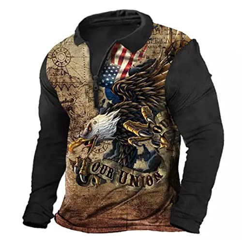 Herren Vintage amerikanische Flagge Adler bedrucktes Reißverschluss Poloshirt Langarm T-Shirt Tempelritter Distressed Tops von keephen