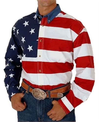 Herrenmode Muster Bedrucktes Freizeithemd Lose Revers Button Down Hemd USA Flagge Element 3D Bedruckt Langarm Strickjacke von keephen