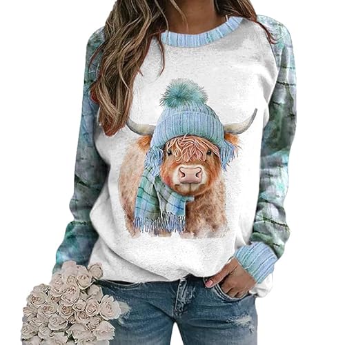 Highland Cow 3D-Gedruckter Pullover-Pullover für Frauen Lustiger grafischer Druck T-Shirt Langarm Lässiger Rundhals-Sweatshirt-Oberteile von keephen