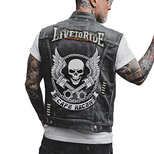 Keephen Herren Vintage Totenkopf Denim Weste - Biker Motorrad Jacke Ärmellos Cowboy-Stil von keephen
