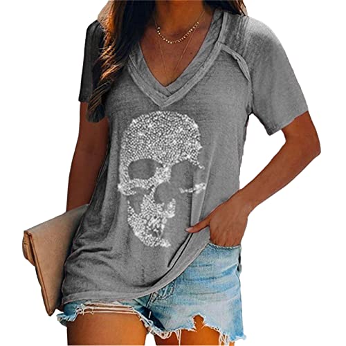 Kurzarm-T-Shirt mit V-Ausschnitt und Totenkopf-Strasssteinen für Damen Bedruckt lässig T-Shirt Punk-Rock-Mode-Oberteil von keephen