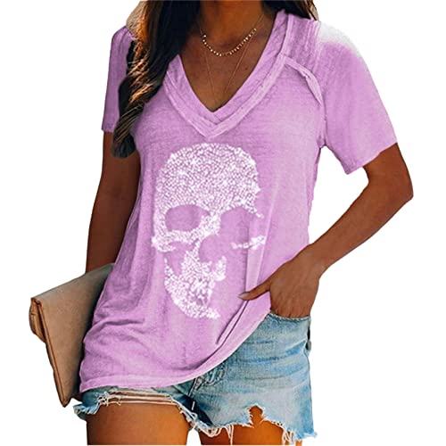 Kurzarm-T-Shirt mit V-Ausschnitt und Totenkopf-Strasssteinen für Damen Bedruckt lässig T-Shirt Punk-Rock-Mode-Oberteil von keephen