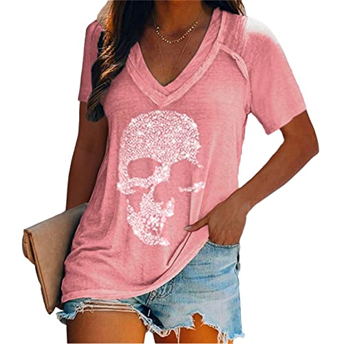 Kurzarm-T-Shirt mit V-Ausschnitt und Totenkopf-Strasssteinen für Damen Bedruckt lässig T-Shirt Punk-Rock-Mode-Oberteil von keephen