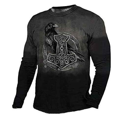 Wikinger T-Shirt Herren Retro Nordische Mythologie Wikinger Tattoo T-Shirt Vintage Casual Langarm T-Shirt Rundhalsausschnitt Pullover Tops von keephen