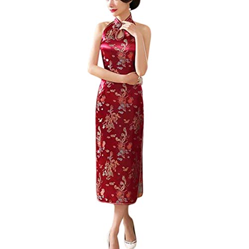 keephen Chinesisch National Lange Cheongsam Plus Size Satin Vintage Kostüm Halfter Kleid Elegant Damen Kleid Qipao von keephen
