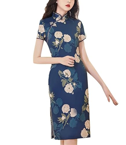 keephen Damen Knielang Cheongsam Chinesischer Stil Kleider Retro Blumen Bedruckt Qipao Kleid Kurzarm Stand Kragen Partykleid von keephen