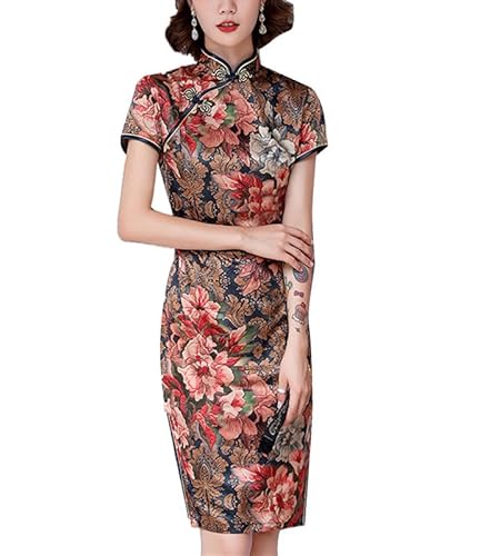 keephen Damen Knielang Cheongsam Chinesischer Stil Kleider Retro Blumen Bedruckt Qipao Kleid Kurzarm Stand Kragen Partykleid von keephen