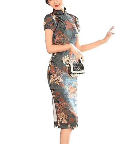 keephen Damen Knielang Cheongsam Chinesischer Stil Kleider Retro Blumen Bedruckt Qipao Kleid Kurzarm Stand Kragen Partykleid von keephen