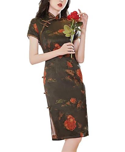 keephen Damen Knielang Cheongsam Chinesischer Stil Kleider Retro Blumen Bedruckt Qipao Kleid Kurzarm Stand Kragen Partykleid von keephen