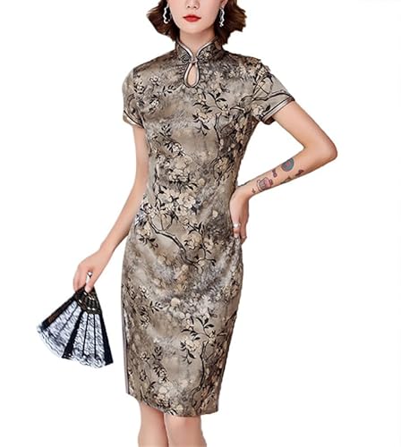 keephen Damen Knielang Cheongsam Chinesischer Stil Kleider Retro Blumen Bedruckt Qipao Kleid Kurzarm Stand Kragen Partykleid von keephen