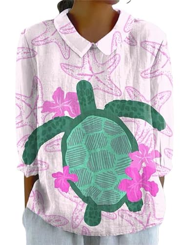keephen Damen Schildkröte Fisch Streifen Blumen 3D-Druck Revers Langarm Vintage Hemd Rücken Knopfverschluss Damen Bluse Tops von keephen