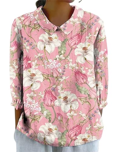 keephen Damen Schildkröte Fisch Streifen Blumen 3D-Druck Revers Langarm Vintage Hemd Rücken Knopfverschluss Damen Bluse Tops von keephen