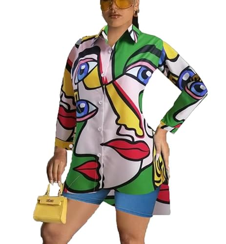 keephen Frühling Sommer 3D abstrakte Gesicht gedruckt Shirt - Frauen Mode locker lässig Büro Langarm übergroße Bluse von keephen