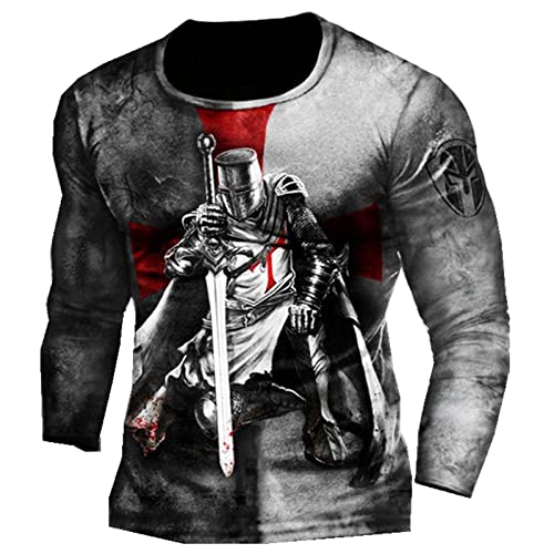 keephen Herren 3D Tempelritter Bedrucktes T-Shirt Streetwear Vintage Casual Langarm Rundhals Übergroße T-Shirts Tops von keephen