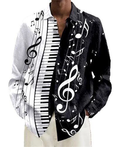 keephen Herren Langarm Musiknoten Print Hemden Revers Button-Down-Strickjacke Regular Fit Casual Holiday Outdoor-Hemden für Frühling Herbst von keephen
