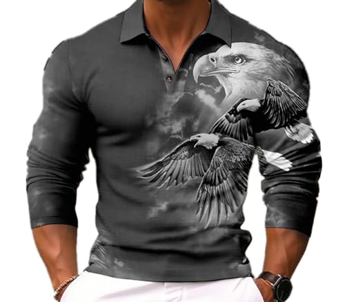 keephen Herren-Polo im Used-Look Vintage Eagle Muster Reverskragen Halber Knopf Polohemd 3D Bedruckte Sweatshirts mit Langen Ärmeln Motorrad Biker Pullover Tops von keephen