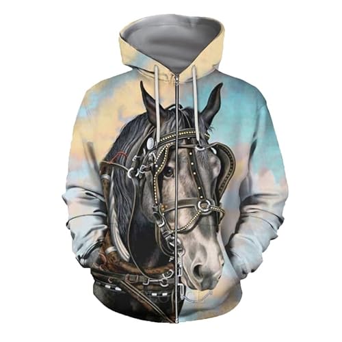 keephen Herren Reißverschluss Hoodie Tier Pferd 3D gedruckt Langarm Kapuzen-Sweatshirt Lässiger Pullover von keephen