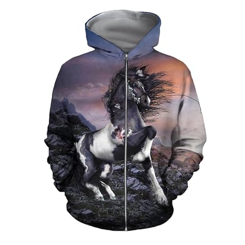 keephen Herren Reißverschluss Hoodie Tier Pferd 3D gedruckt Langarm Kapuzen-Sweatshirt Lässiger Pullover von keephen