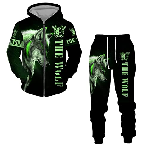 keephen Herren Trainingsanzug 2-teiliges Set Viking Wolf 3D-bedruckter Hoodie und Jogginghose Lässige Reißverschluss-Sweatshirt-Anzüge von keephen