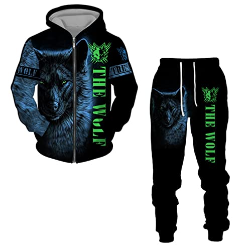 keephen Herren Trainingsanzug 2-teiliges Set Viking Wolf 3D-bedruckter Hoodie und Jogginghose Lässige Reißverschluss-Sweatshirt-Anzüge von keephen