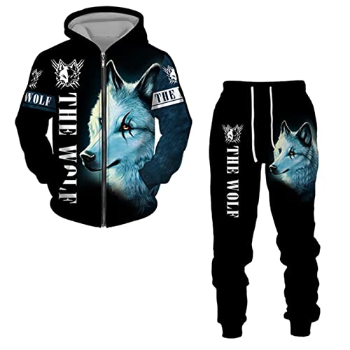 keephen Herren Trainingsanzug 2-teiliges Set Viking Wolf 3D-bedruckter Hoodie und Jogginghose Lässige Reißverschluss-Sweatshirt-Anzüge von keephen