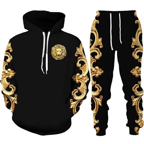 keephen Herren Trainingsanzug Barock Style Kapuzenpulli + Jogginghosen Set 3D gedruckt Goldene Kette Luxus Unisex 2 Stück Set Streetwear Trainingsanzug Set von keephen