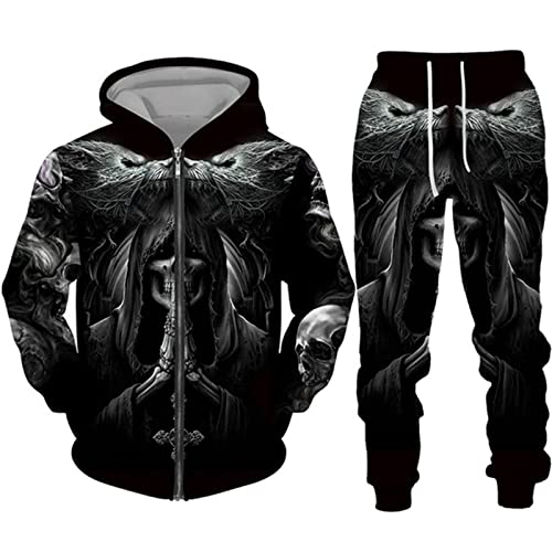 keephen Herren Trainingsanzug Set Horror Totenkopf 3D Bedruckte Reißverschluss Hoodies und Jogginghose Zweiteiliges Set Halloween Streetwear Sweatshirt Set von keephen