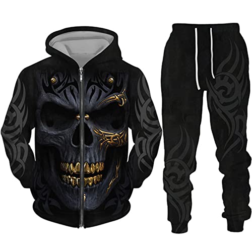 keephen Herren Trainingsanzug Set Horror Totenkopf 3D Bedruckte Reißverschluss Hoodies und Jogginghose Zweiteiliges Set Halloween Streetwear Sweatshirt Set von keephen