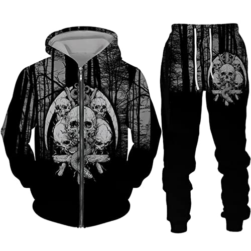 keephen Herren Trainingsanzug Set Horror Totenkopf 3D Bedruckte Reißverschluss Hoodies und Jogginghose Zweiteiliges Set Halloween Streetwear Sweatshirt Set von keephen