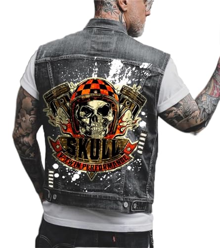 keephen Herren Vintage Totenkopf Denim Weste Jacke Totenkopf Printed Biker Motorrad Denim Weste Weste Weste Cowboy Ärmellose Jacke von keephen