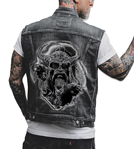 keephen Herren Vintage Totenkopf Denim Weste Jacke Totenkopf Printed Biker Motorrad Denim Weste Weste Weste Cowboy Ärmellose Jacke von keephen