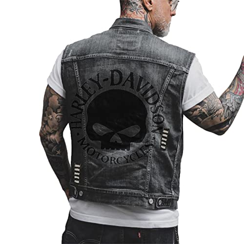 keephen Herren Vintage Totenkopf Denim Weste Jacke Totenkopf Printed Biker Motorrad Denim Weste Weste Weste Cowboy Ärmellose Jacke von keephen