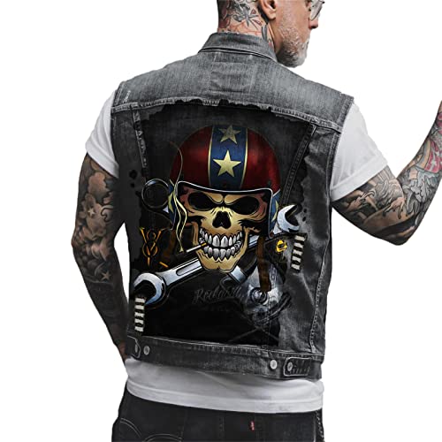 keephen Herren Vintage Totenkopf Denim Weste Jacke Totenkopf Printed Biker Motorrad Denim Weste Weste Weste Cowboy Ärmellose Jacke von keephen