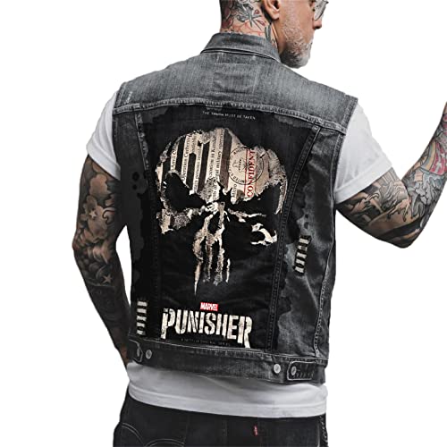 keephen Herren Washed Denim Weste Jacke Gothic Totenkopf Gestickter Patch Denim Weste Cowboy Ärmellose Jacke Outwear von keephen